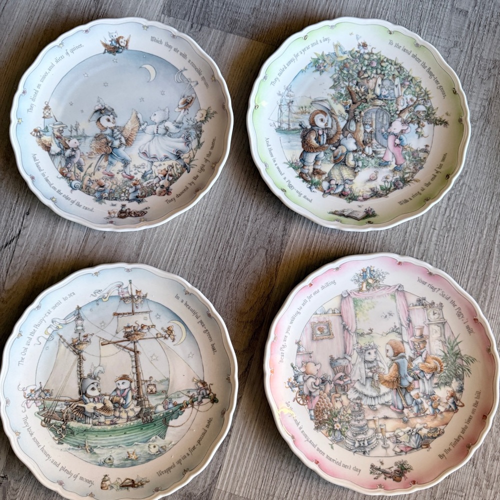 Royal Doulton Owl and the Pussycat 4 Plate Set Nursery Rhyme Decor